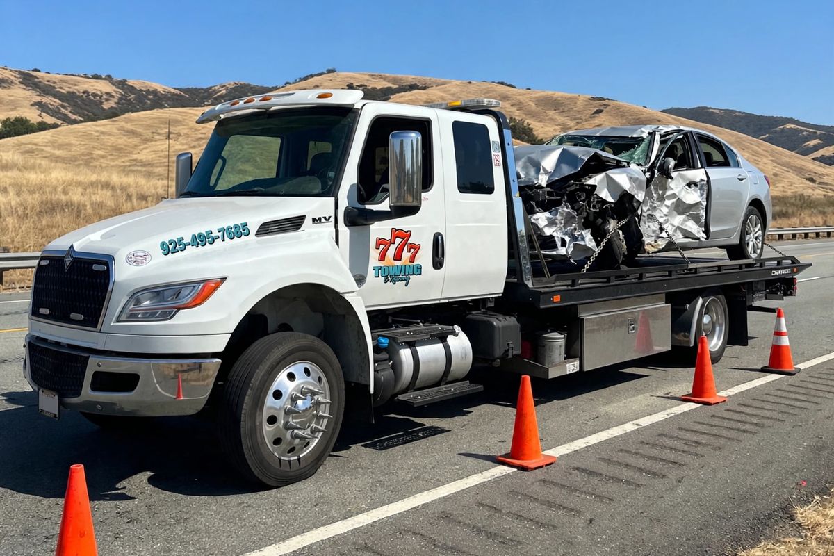 Flatbed tow truck loading a damaged car
