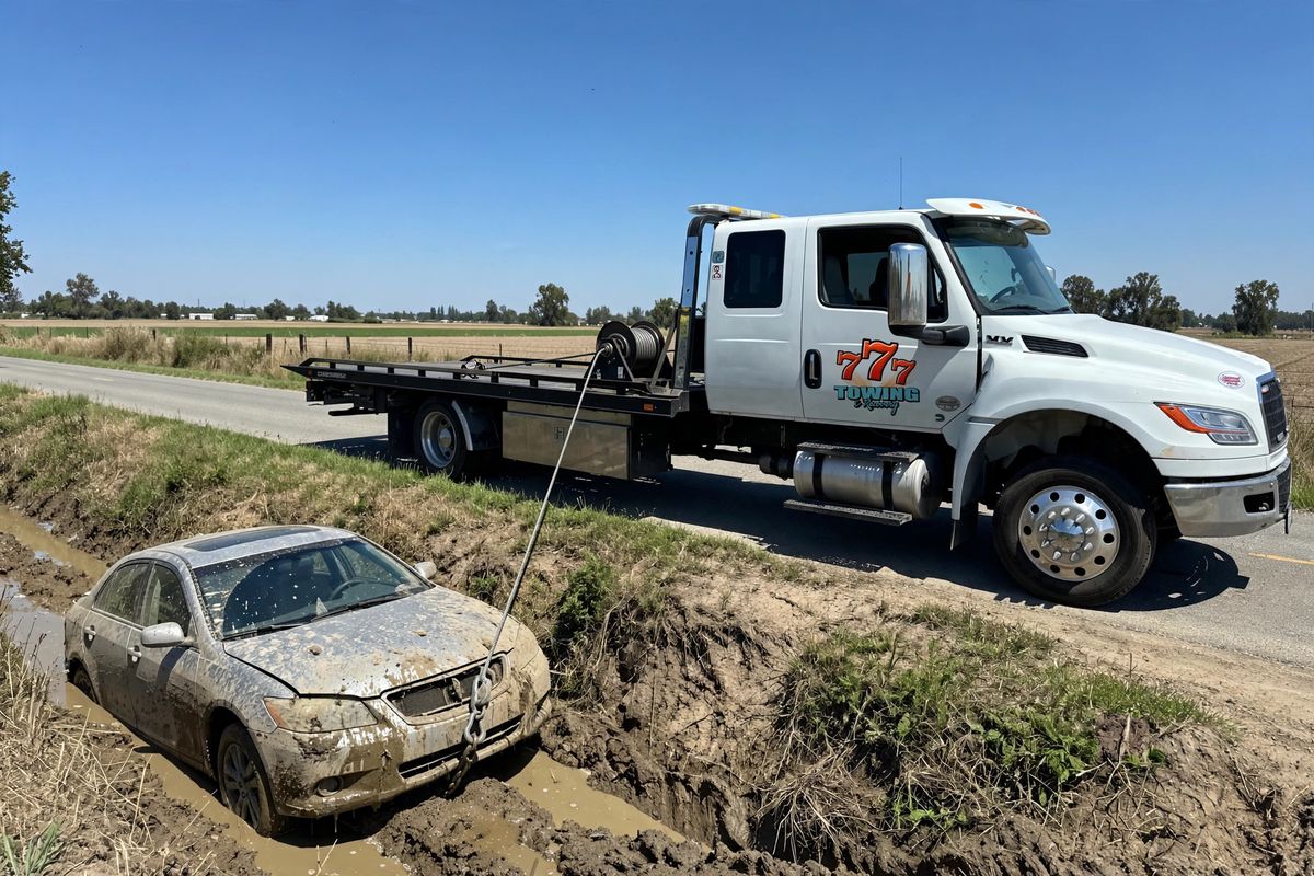 Tow truck winching a car from a ditch